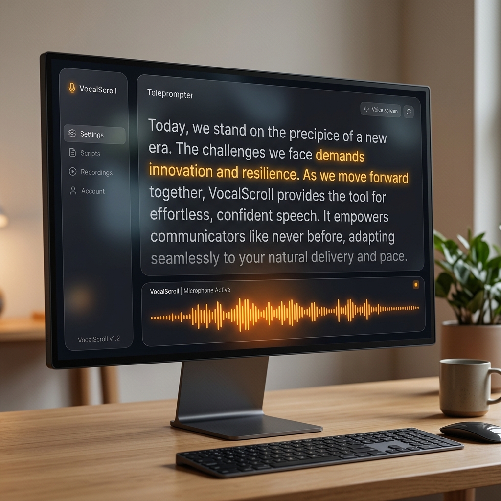 VocalScroll ovozli teleprompter ilovasi — skriptni avtomatik aylantirish va real vaqtda ovozni kuzatish